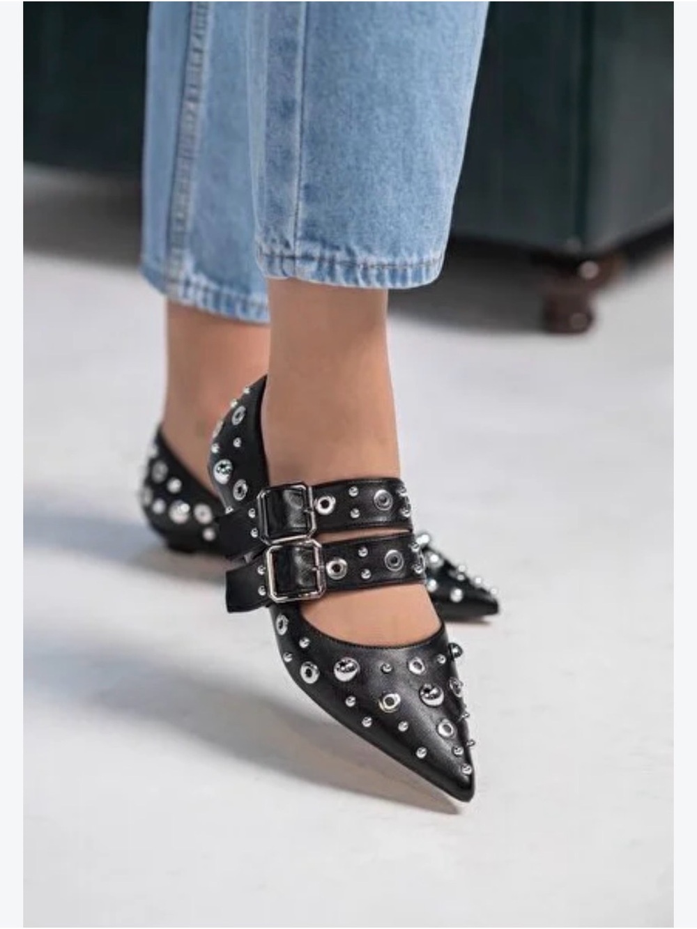 Free People Black Pointed Toe Double-Buckle Stud Flats